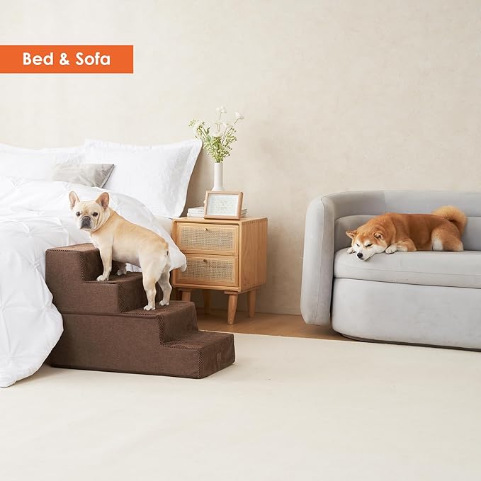 EHEYCIGA Dog Stairs for Bed 20" H, 4-Step Extra Wide Dog Steps for High Bed, Pet Steps for Small Dogs and Cats, Non-Slip Balanced Pet Ramp Indoor, Brown-PawvioPets