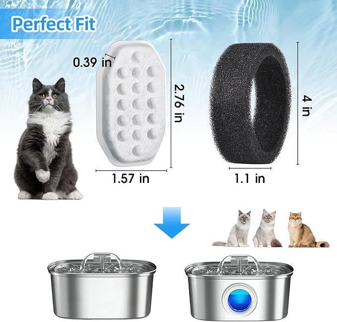40 Pack Cat Water Fountain Filters-Cat Fountain Replacement Filters for Stainless Steel 3.2L/108oz Adjustable Water Flow Cat Fountain(20 Pack Pet Water Filter Refills+20 Pack Sponges)-PawvioPets