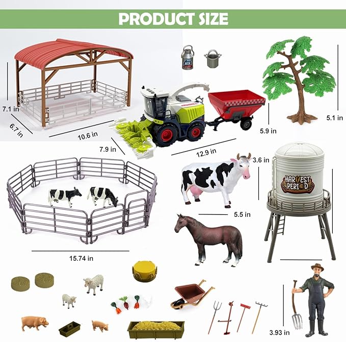 Farm Animals Toys Set Barn Toy Combine Harvester Tractor with Trailer Horse Stable Grain Bins Horse Cow Farmer Figures Fence Playset for Kids Toddlers Boy Girl 3-7 Years Old-PawvioPets