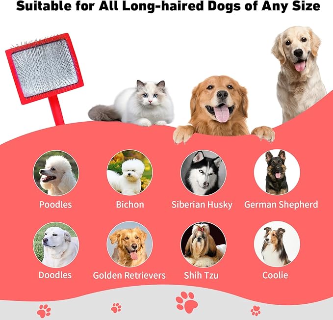 Dog Slicker Brush for Shedding and Grooming Medium or Long Haired Cats, Extra Long & Soft Pin Slicker Brush for Removes Loose Hair, Tangles, Knots, Undercoat, Free Pet Comb, Large Red-PawvioPets