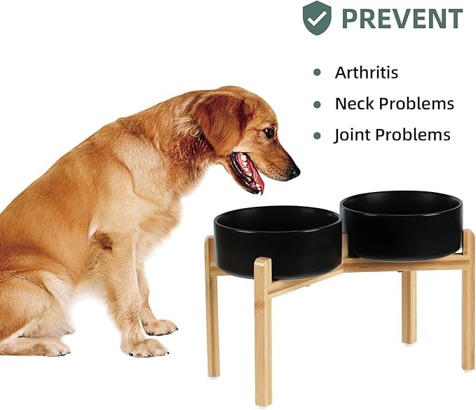 Ceramic Raised Double Bowls Set with Stand, Food & Water Bowls for Large Breed Dogs, Weighted Dog Dishes, Pet Bowl(8.2'',60OZ, Black)-PawvioPets