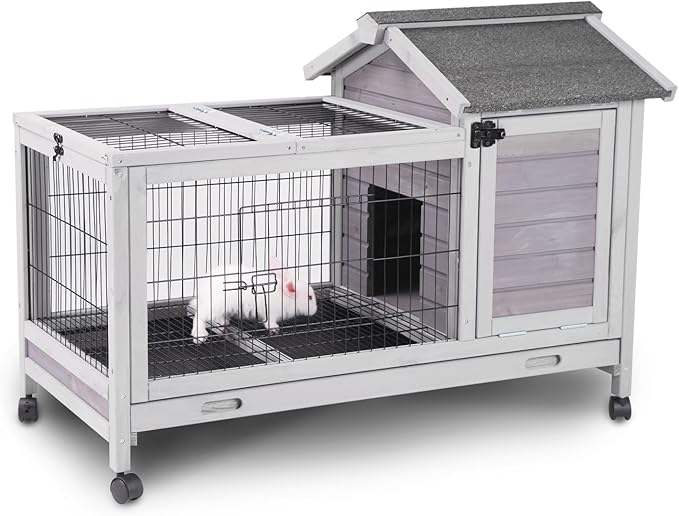 Aivituvin Wooden Rabbit Hutch with Removable Wire Floor Grid, Bunny Cage with Deeper Leakproof Tray 4 Wheels Include-PawvioPets
