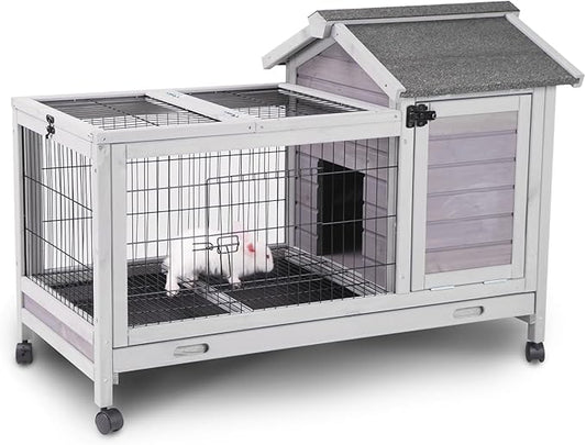 Aivituvin Wooden Rabbit Hutch with Removable Wire Floor Grid, Bunny Cage with Deeper Leakproof Tray 4 Wheels Include-PawvioPets