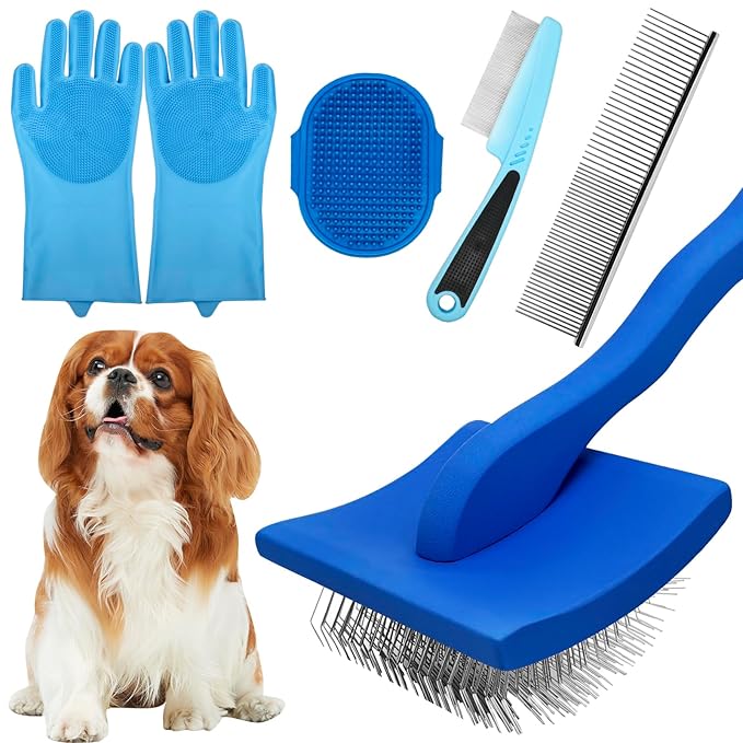 Dog Grooming Brush Set – 5-Piece Kit for Medium & Long-Haired Dogs | Includes Long Pin Brush, Flea Comb, Bath Glove, Silicone Glove, Metal Comb | For Poodles, Huskies & More (Blue)-PawvioPets