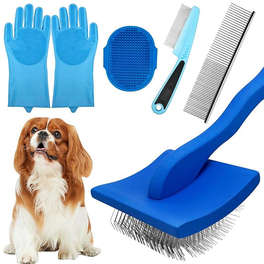 Dog Grooming Brush Set – 5-Piece Kit for Medium & Long-Haired Dogs | Includes Long Pin Brush, Flea Comb, Bath Glove, Silicone Glove, Metal Comb | For Poodles, Huskies & More (Blue)-PawvioPets