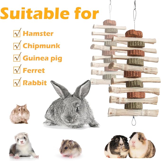 4 PCS Rabbit Chew Toys for Teeth Grinding, Delicious Bunny Cage Hanging Chew Toys, Natural Sweet Bamboo Chew Sticks and Timothy Grass Cake Hay Treats Maintaining Healthy Teeth for Rabbits-PawvioPets