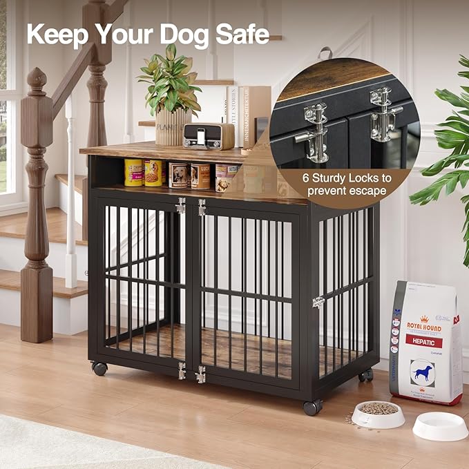 39.4" Dog Crate Furniture for Medium and Large Breed, Dog Kennel Furniture with Storage Shelf & Lockable Wheels, Heavy Duty Wooden End Side Table Pet Cage Indoor, Chew-Resistant, Brown-PawvioPets