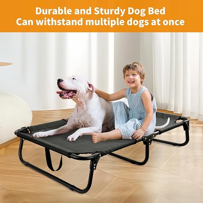 Elevated Dog Bed, Foldable Raised Dogs Bed Outdoor Dog Cots Beds for Large Dogs Cooling Outside Camping Chew-Proof No Assembly Need, Black-PawvioPets
