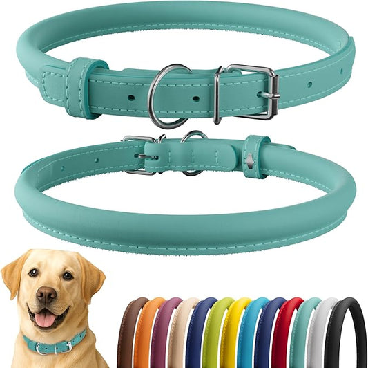 CollarDirect Rolled Leather Dog Collar, Soft Padded Round Puppy Collar, Handmade Genuine Leather Collar Dog Small Large Cat Collars 13 Colors (18-22 Inch, Mint Green Smooth)-PawvioPets