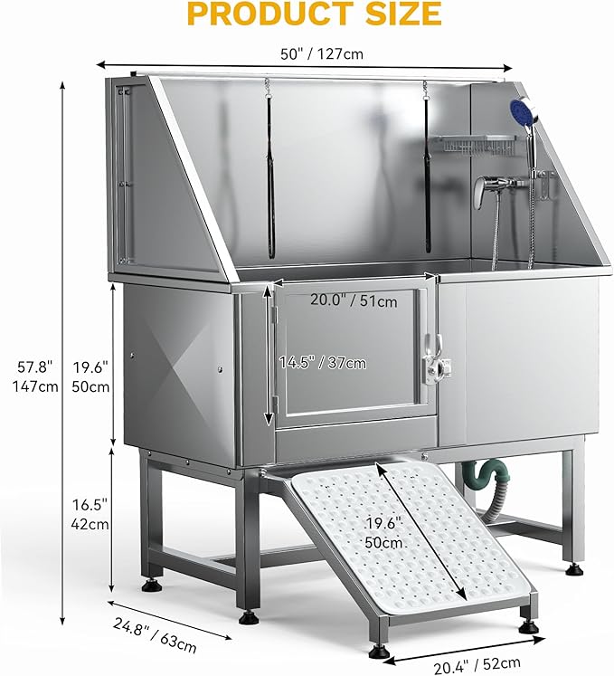 DWVO Professional Pet Dog Bathing Station for Grooming, 50'' Dog Grooming Bathtub with Left Ramp, Floor Grate, Faucet, Showerhead & Soap Holder for Large, Medium & Small Pets-PawvioPets