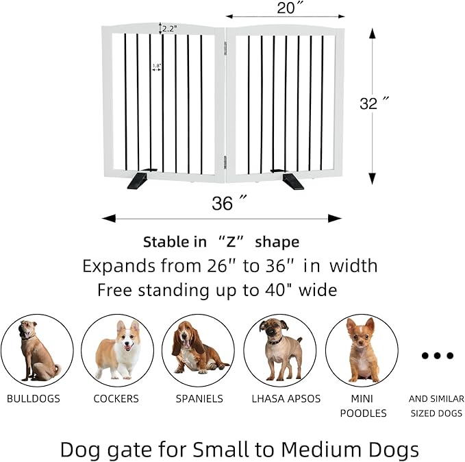 Freestanding Panel Dog Gate for Indoor, Doorways,Stairs, or Hallways,Foldable Wooden Dog Gates for House,Pet Gate for Dogs,Dog Fence, Puppy Gate,Support Feet Included,32 "Height-2 Panels,White-PawvioPets