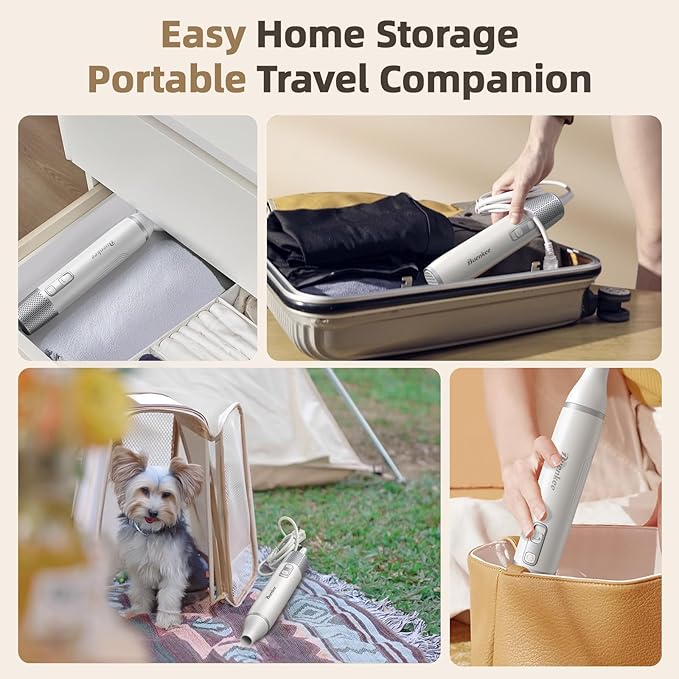 Dog Dryer Handheld Pet Hair Dryer: 3HP High-Velocity Blower with 3 Speeds & 4 Temps Lightweight, Quiet Design. Portable Blow for Travel & Home Grooming. Includes 3 Nozzles (White).-PawvioPets