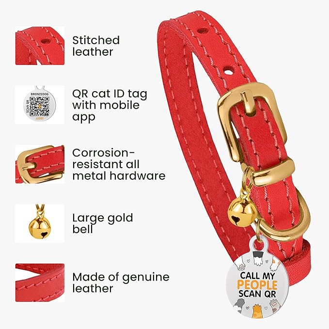 BRONZEDOG Leather Cat Collar with Removable Bells Non Breakaway Kitten QR Tag for Girl Boy (9" - 12" Cats/Mini Dogs, Red & Gold)-PawvioPets