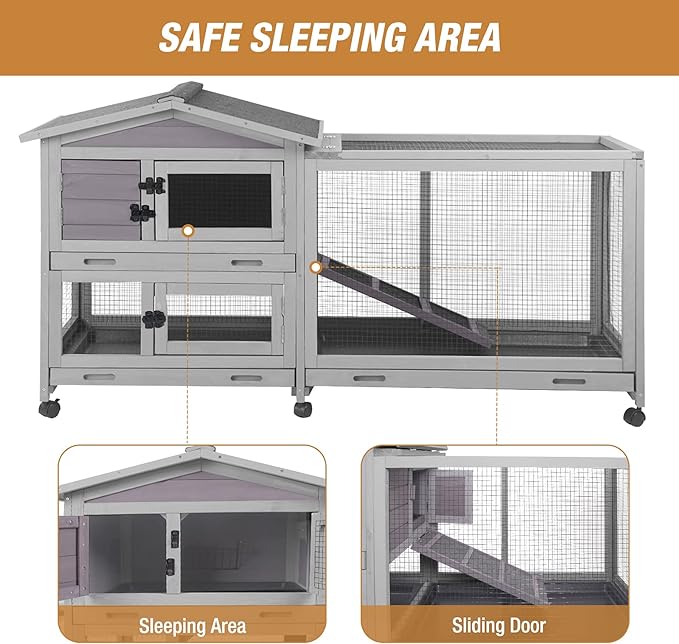 Bunny Cage Indoor and Outdoor Rabbit Hutch with Casters Waterproof Roof, Pull Out Tray from Back and Front 61.2" L x 22.6" W x 33.5" H-PawvioPets
