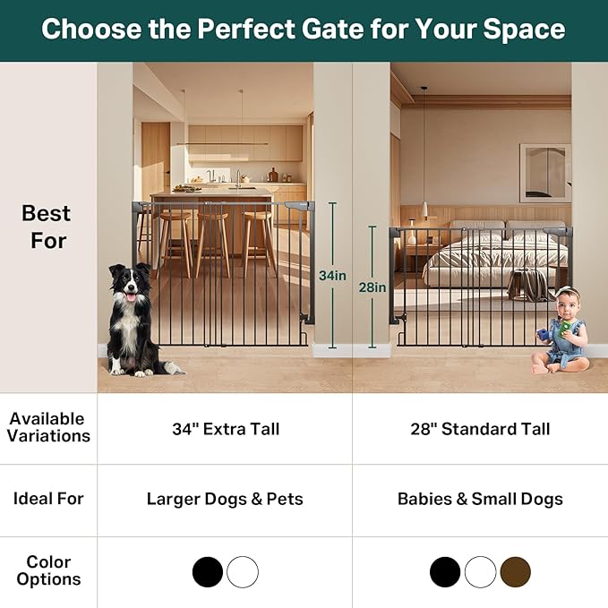 Cumbor 34" Extra Tall No Bottom Bar Baby Gate for Stairs, Auto Close Dog Gate Indoor for Larger Pets, 29.2-43" Hardware Mounted Safety Gate for Doorways, Wide Walk Thru Door for Easy Access (Black)-PawvioPets