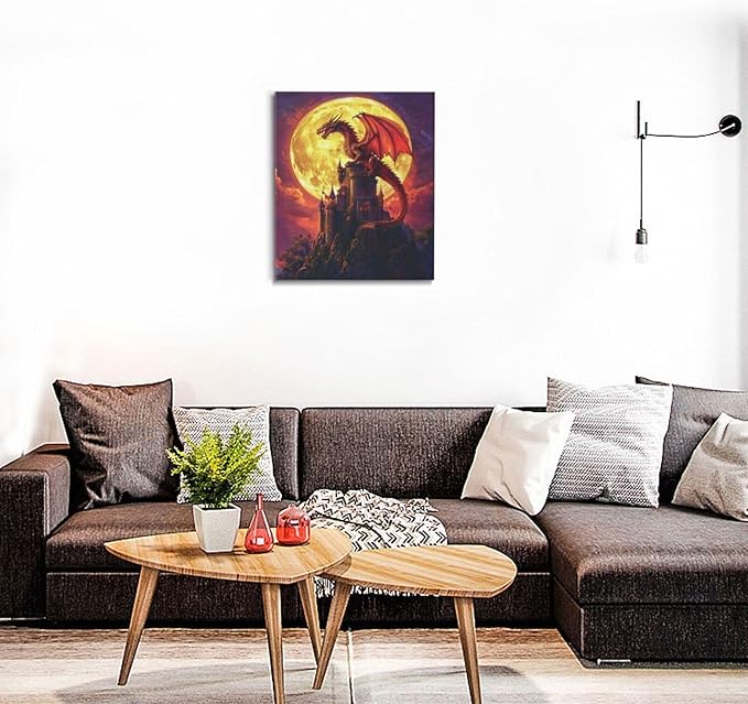 Dragon Bathroom Pictures Wall Art, Red Dragon Castle Bathroom Wall Decor, Framed Painting Canvas Artwork for Bedroom Living Room Decorations 24"L x 20"W-PawvioPets