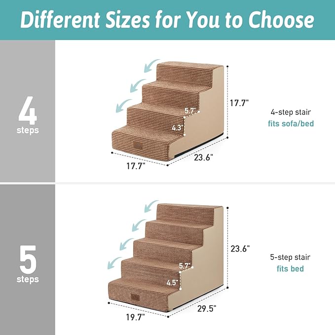 Dog Stairs for Small Dogs, 5 Tier Wider Pet Stairs for High Beds, 23.6" H Non-Slip Dog Steps for Old Cats, Puppies, Small Medium Dogs, 29.5x19.7x23.6 inch, Light Brown-PawvioPets