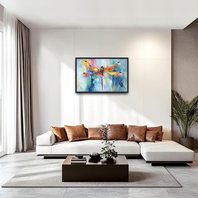 Extra Large Abstract Dragonfly Framed Wall Art for Living Room,Oversized Colorful Dragonfly Pictures Wall Decor,Teal Canvas Print Painting Modern Artwork Bedroom Office Bathroom 36L" x 24W"-PawvioPets