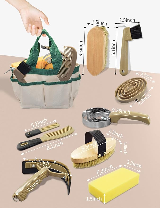 9 Pieces Horse Grooming Kit, Tack Room Supplies Set with Tote Bag, Horse Brush Set for Effective Cleaning and Bathing, Professional Equine Coat Care Kit for Horse Riders Beginner-PawvioPets