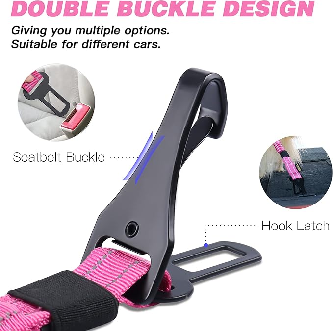 AUBELL Dog Seat Belt for Car,2 Pack Set 3-in-1 Adjustable Reflective Bungee Heavy Duty Dog Car Harness Tether with Clip Hook Latch & Buckle,Swivel Zinc Alloy Carabiner,Black+Hotpink-PawvioPets