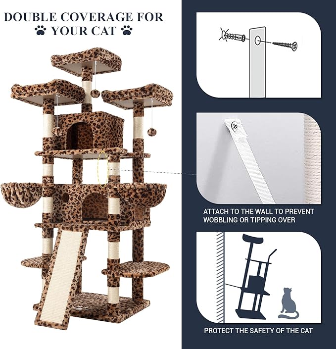 Allewie 68 Inches Cat Tree/House and Towers for Big Feline/Scratching Post/Multi-Level Large Kitty Climbing Tree with Condo/Leopard Print-PawvioPets