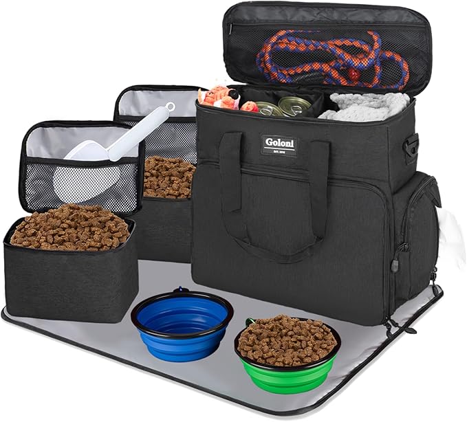 Dog Travel Bag Airline Approved–Pet Travel Tote with Collapsible Bowls,Food Containers & Feeding Mat–Multi-Pocket Organizer for Dogs & Cats, Durable & Water-Resistant for Hiking,Trips,Outdoors-PawvioPets
