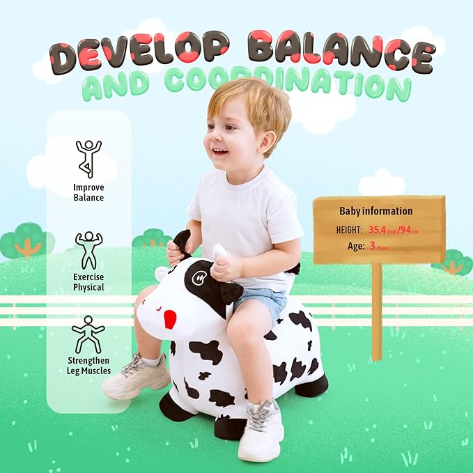 EVERICH TOY Bouncy Horse Cow Toys, Inflatable Bouncing Animal Hopping Toys, Outdoor Indoor Ride on Bouncer, Boys Girls Birthday Gift for 18 Month 2 3 4 5 6 Year Old Kid- Plush Cow Toy-PawvioPets