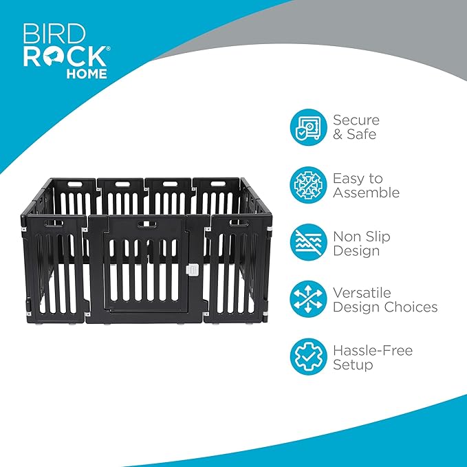 BIRDROCK HOME Dog Playpen w/Door, 12 Panel, 25.6in H | Strong Plastic, Non-Slip Puppy Playpen, Secure Pet Gate | Indoor Outdoor Fence | Configurable Panels | Small to Medium Pets - Black-PawvioPets