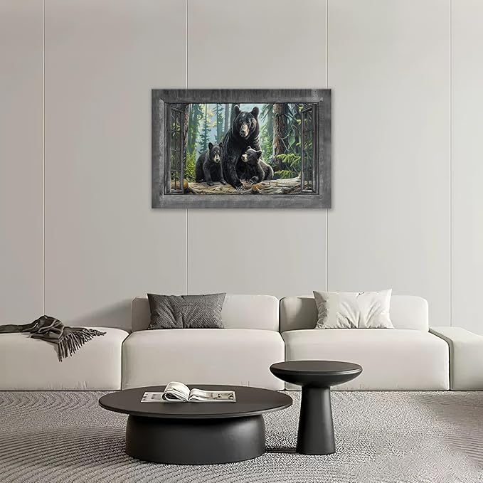 Black Bear Wall Art Forest Window Canvas Cabin Living Room Pictures Prints Animal Wall Decor Painting Artwork for Bedroom Dining Office Home 24"x16"-PawvioPets