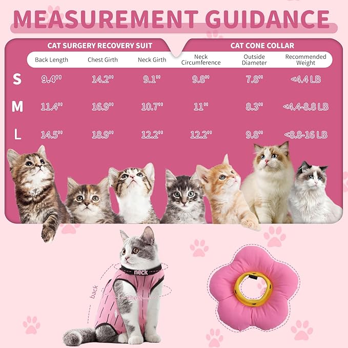 EMUST 2-in-1 Cat Recovery Suit & Cone Collar - Cute Surgical Suit for Abdominal Wounds, Adjustable Soft Flower Collar - Cat Onesie After Surgery, 4-8lb (Pink, M)-PawvioPets