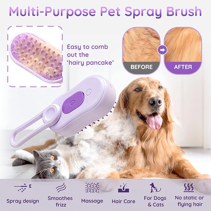GKZ Cat Steam Brush, 3 in 1 Pet Comb for Massage, Cleaning, Shedding and Combing, Electric Mist to Prevent Flyaways for Home, Dogs and Cat Lovers - Purple-PawvioPets