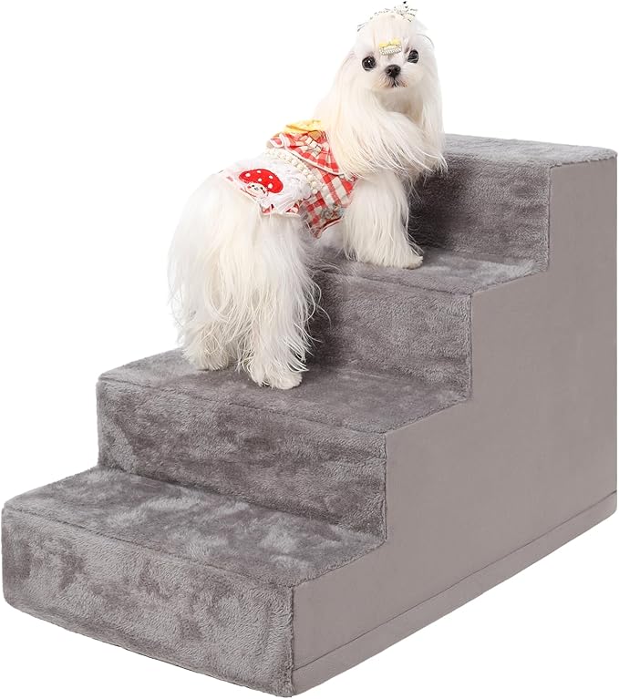 Dog Stairs for Small Dogs,17.5" 4-Step Pet Stairs for High Beds and Couches，Dog Steps with Non-Slip Bottom and High-Density Foam Indoor Outdoor,Grey-PawvioPets
