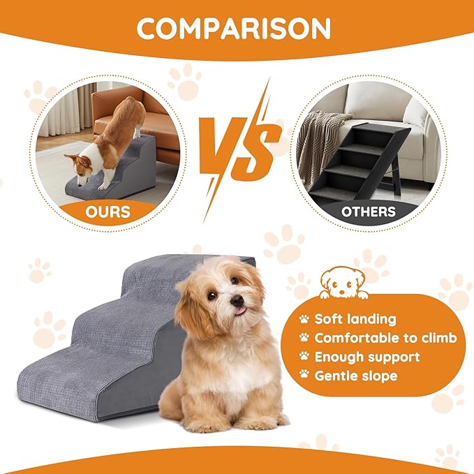 Dogs Steps for Bed, Dog Stairs for Small Dogs, 2-Step Dog Ramp for Bed, Couch, Sofa, and Chairs, Non-Slip Bottom Design, Cat Scratching, High Density Foam Portable Pet Step, Indoor, Grey-PawvioPets
