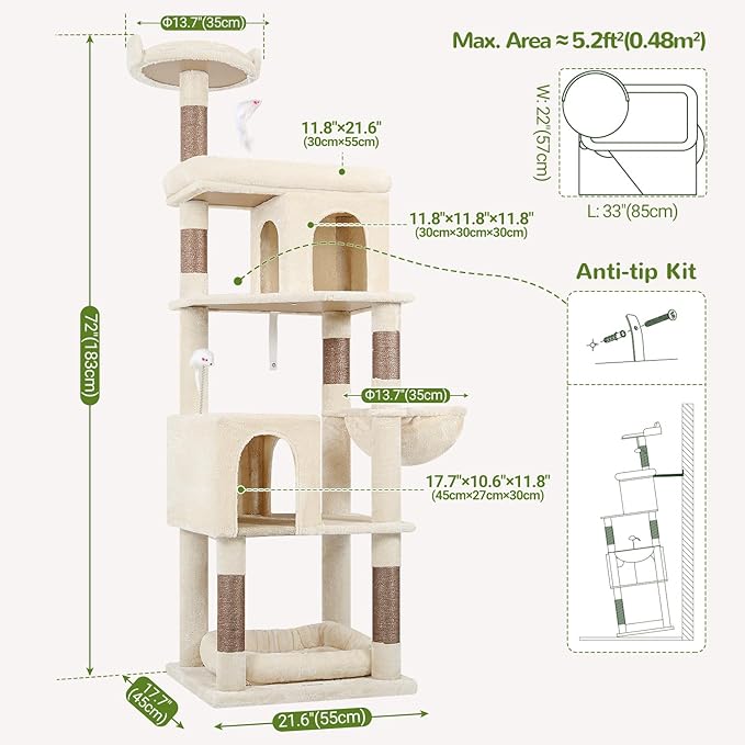 Globlazer Heavy Duty Cat Trees for Large Cats, Sturdy 72in Maine Coon Cat Tree for Large Cat 20 lbs+ Heavy Duty Cat Tower for Adult Biggest Cats with 6 Scratching Posts, Hammock, S72, Beige-PawvioPets