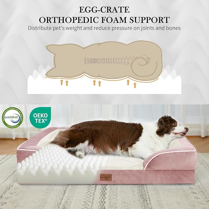 Comfort Expression XXL Orthopedic Dog Beds, Waterproof Orthopedic Foam Extra Large Dog Beds, Washable Pet Sofa Couch with Removable Cover & Non-Slip Bottom(XX-Large,Pink)-PawvioPets