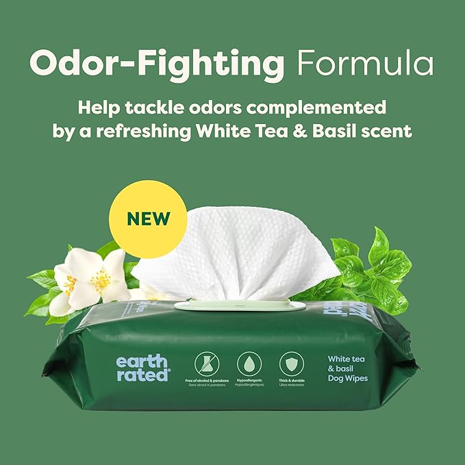 Earth Rated Pet Wipes for Dogs and Cats, Hypoallergenic, 3-in-1 Cleaning, Deodorizing and Hydrating, for Grooming Paws, Body and Butt, New White Tea and Basil Scent, 400 Count-PawvioPets