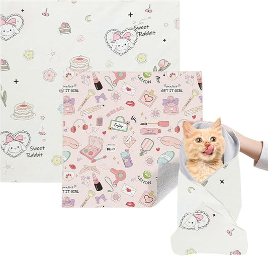 Cat Grooming Wrap, 2pcs [L+XL] Cat Restraint Wrap for Nail Clipping, Ear Cleaning, and Teeth Brushing, Self-Adherent, Anti-Bite, Anti-Scratch, Anti Scratch, Rabbit + Make-up-PawvioPets