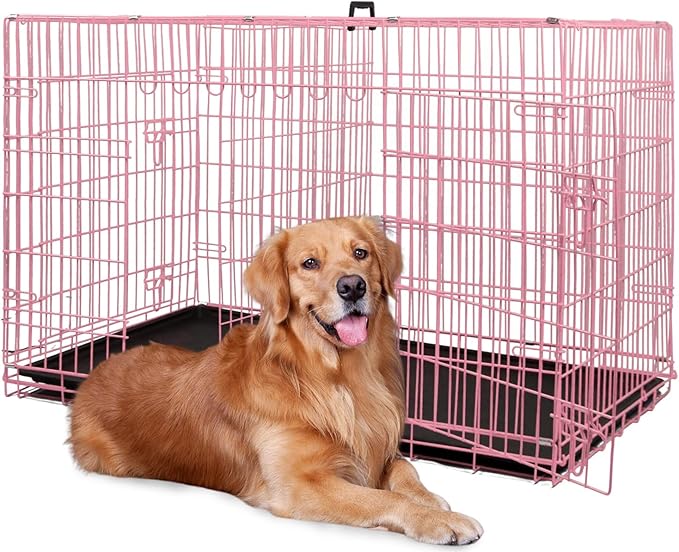 BestPet | Dog Crate | 48" | Pink | Foldable Metal Kennel with Double Doors, Secure Slide-Bolt Latches, Leakproof Tray | Portable Dog Cage for Large Breeds | for Travel, Indoor & Outdoor Use-PawvioPets