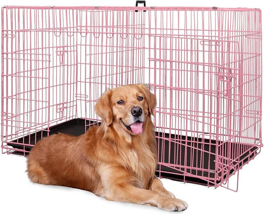 BestPet | Dog Crate | 48" | Pink | Foldable Metal Kennel with Double Doors, Secure Slide-Bolt Latches, Leakproof Tray | Portable Dog Cage for Large Breeds | for Travel, Indoor & Outdoor Use-PawvioPets