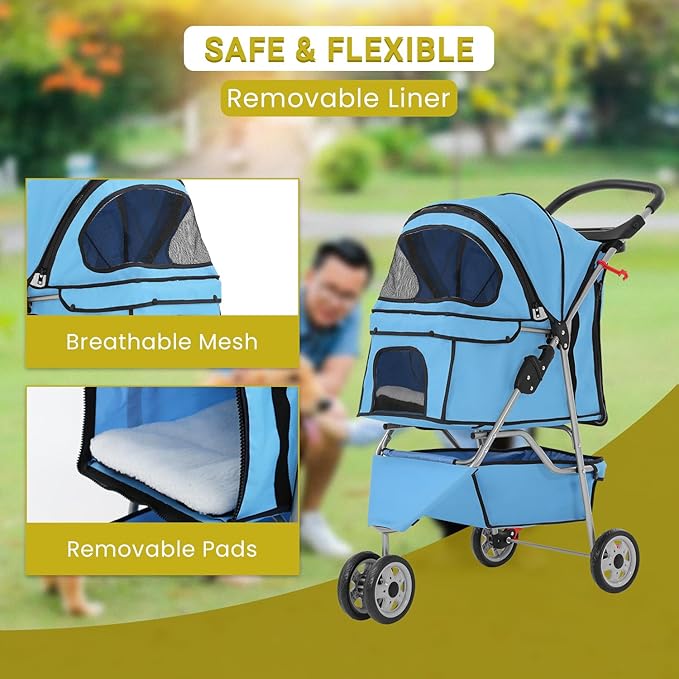 Foldable Pet Stroller for Cats and Dogs 3 Wheels Carrier Strolling Cart with Weather Cover, Mesh Panels，Storage Basket Cup Holder，Blue-PawvioPets
