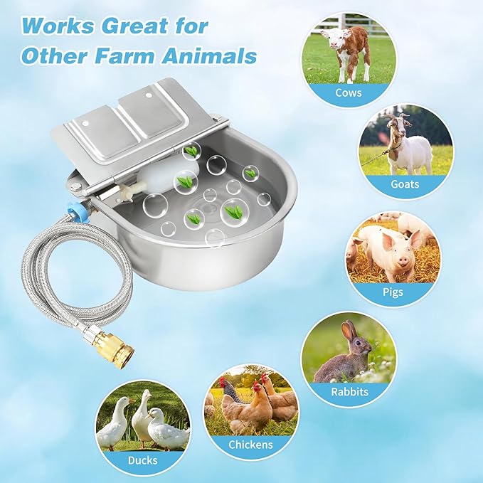 FHTONGE 304 Stainless Steel Automatic Dog Water Bowl Dispenser with Drainage and Float Valves, Large Auto Fill Dog Waterer for Outdoor Big Dogs Livestock Poultry Horse Cow Goat Pig Chicken Duck Rabbit-PawvioPets