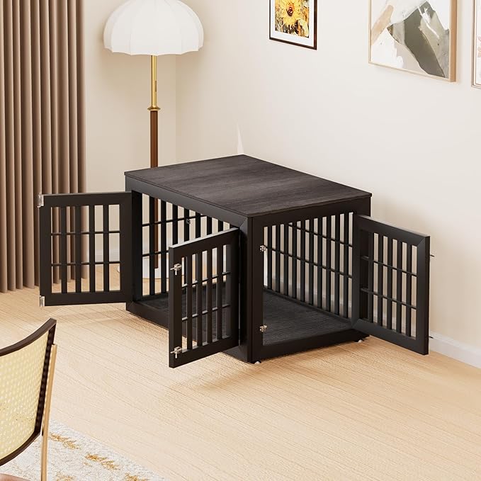42" Heavy Duty Dog Crate Furniture for Small,Medium and Large Dogs,Rustic Wooden Dog Cage Kennel Indoor Furniture with Waterproof Top,Decorative Pet House Side End Table (Black & Grey)-PawvioPets
