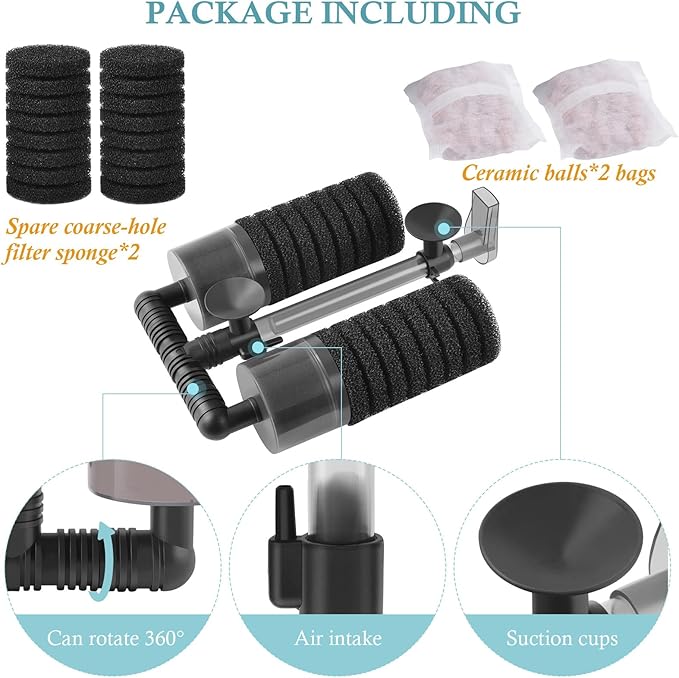 Air Powered Aquarium Sponge Filter with Biochemical Sponge and Ceramic Balls, Quiet Submersible Fish Tank Filter for 15-40Gallon （L-8.7in）-PawvioPets