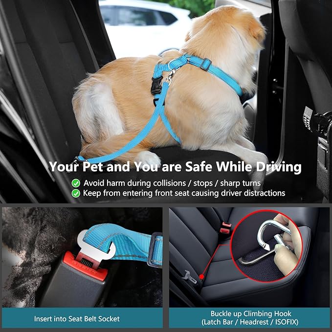 Dog Seat Belt Harness for Car, Dog Car Harness Adjustable Mesh Breathable & Dogs Seatbelt Safety Tether with Elastic Bungee for Small Medium Large Pets(Blue, XL)-PawvioPets
