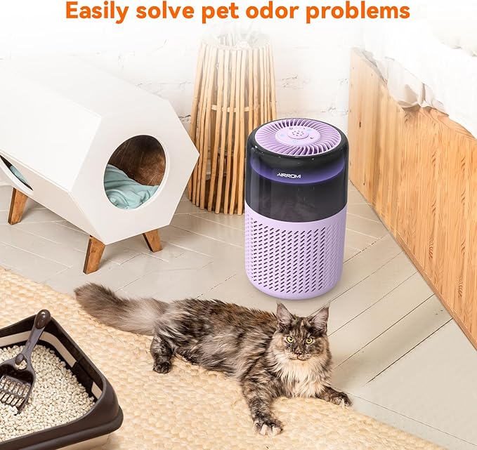 AIRROMI Air Purifier for Bedroom Home,HEPA Filter,Covers Upto 549 Ft²,Quiet 360°intake Air Cleaner with Fragrance ponge for Better Sleep,Night Light,Filters Smoke,Pet Dander,Allergies,Dust,A2005Purple-PawvioPets