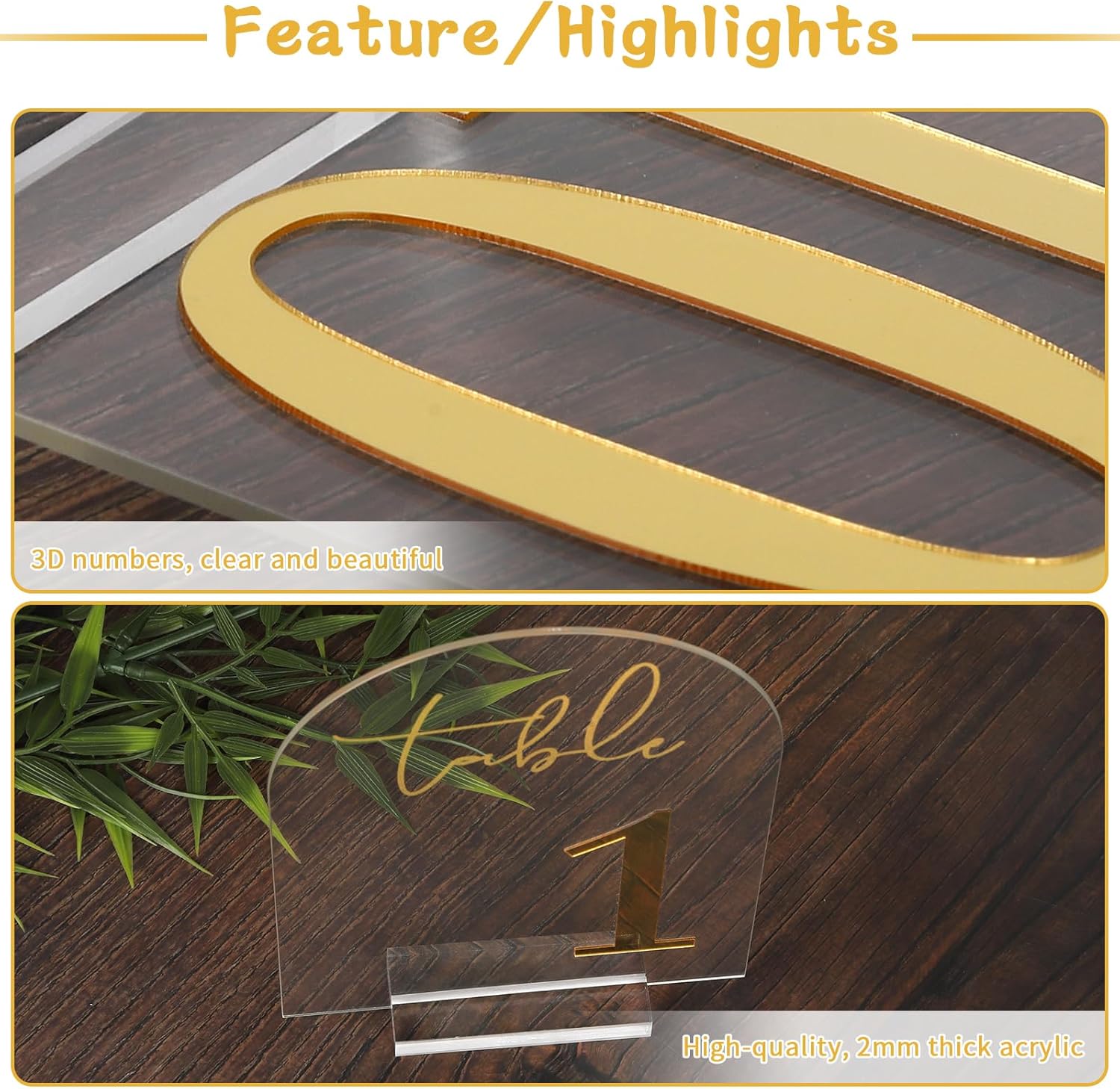 Wedding Table Numbers 1-20 with Holders, 5 x 7 Inch Transparent Acrylic Reception Table Signs Golden Letters, Number Cards for Party, Restaurant