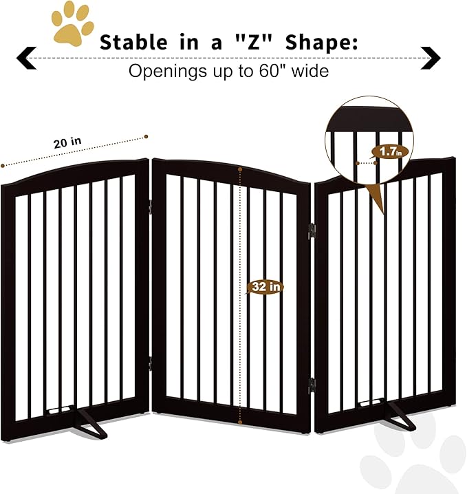 Freestanding Pet Gate for Dogs, Foldable Wooden Dog Gate for House Indoor, Tall Pet Fence for Stair, Doorway,Hall, Support Feet Included, 3 Panels 32",Brown-PawvioPets