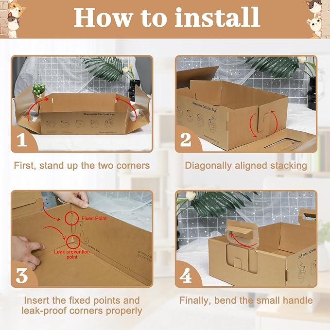 3-Pack Disposable Litter Boxes for Cats,Disposable 100% Renewable Cardboard Foldable Litter Boxes,Large-Capacity Portable Cardboard Cat Litter Box,Waterproof Travel Litter Box,17.2'' x 12.2'' x 5.3''-PawvioPets