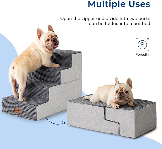 Dog Stairs for Large Dogs - Extra Wide Pet Stairs 2 in 1 with Zippers Suitable for Couch and Bed, Foam Dog Steps with Non Slip Bottom Grey 4 Steps, Grey-PawvioPets