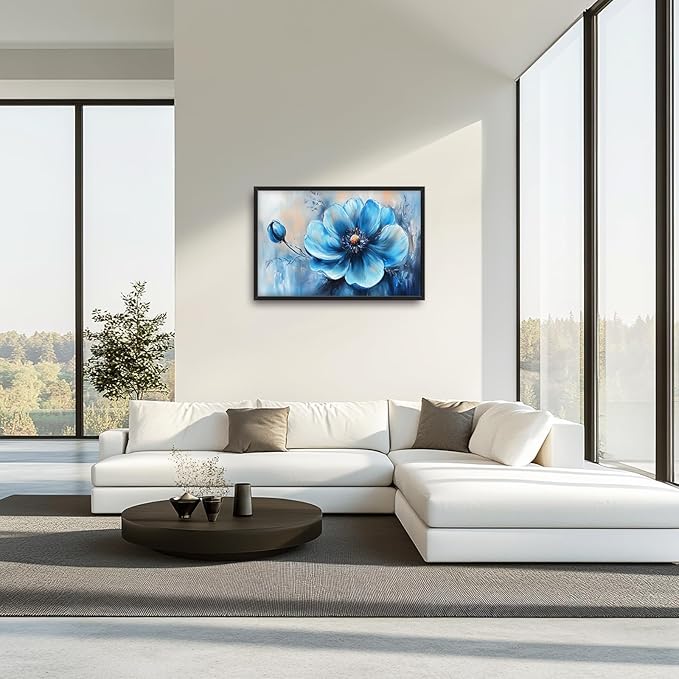 Extra Large Abstract Blue Flower Framed Wall Art for Living Room,Oversized Elegant Floral Pictures Wall Decor,Canvas Print Painting Modern Artwork Bedroom Office Bathroom 36L" x 24W"-PawvioPets